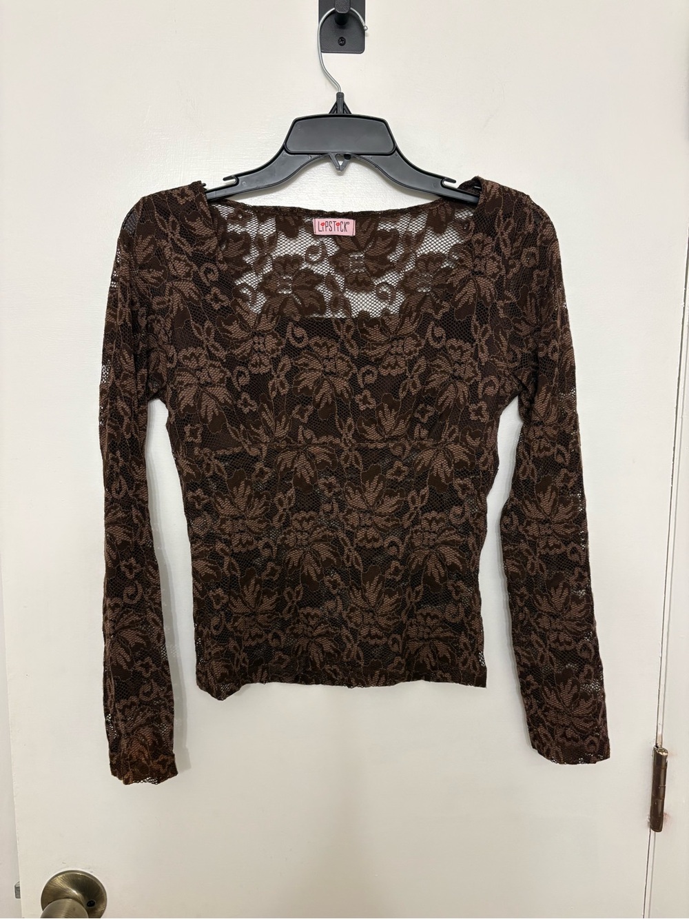 Vtg Y2K Lipstick Brand Brown Floral Lace Mesh Long Sleeve Top Sheer Whimsigoth S